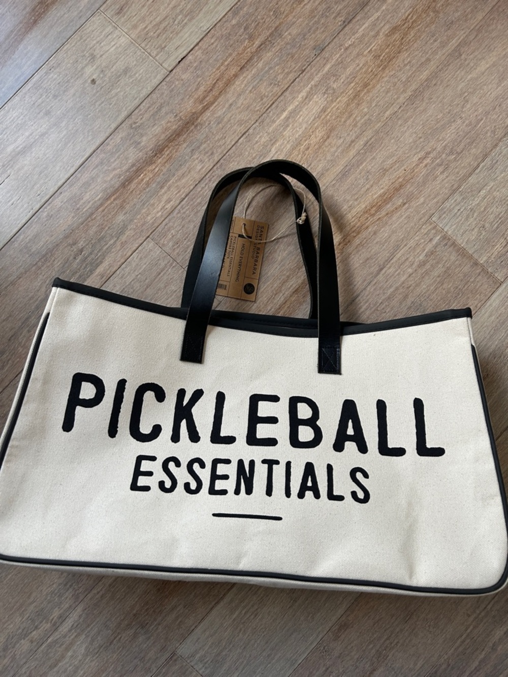 Pickleball Essentials Canvas Tote Bag in Cream and Black Santa Barbara design